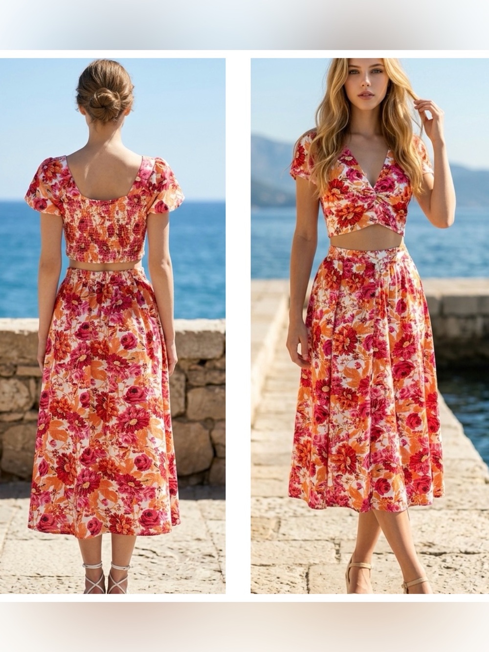 JAPNA Women’s Sz S Floral 2pc  Crop Top & Midi Skirt Set Smocked pockets multi